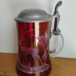 ERBO PEWTER LID ETCHED RED GLASS STEIN 