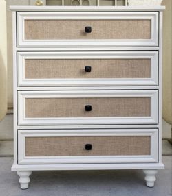 Oversized White Modern 4 Drawer Coastal Rattan Dresser Chest