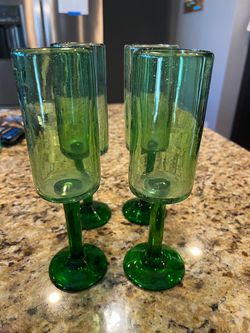 Chrissy Teigen Green Handblown Glass Champagne Flutes