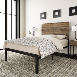 Twin Size Rustic Country Style Wooden Headboard Metal Platform Bed with Strong Metal Slats, Light Brown