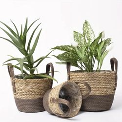 3 pieces of grass woven flower pots hand woven flower baskets,seaweed planting baskets room decor