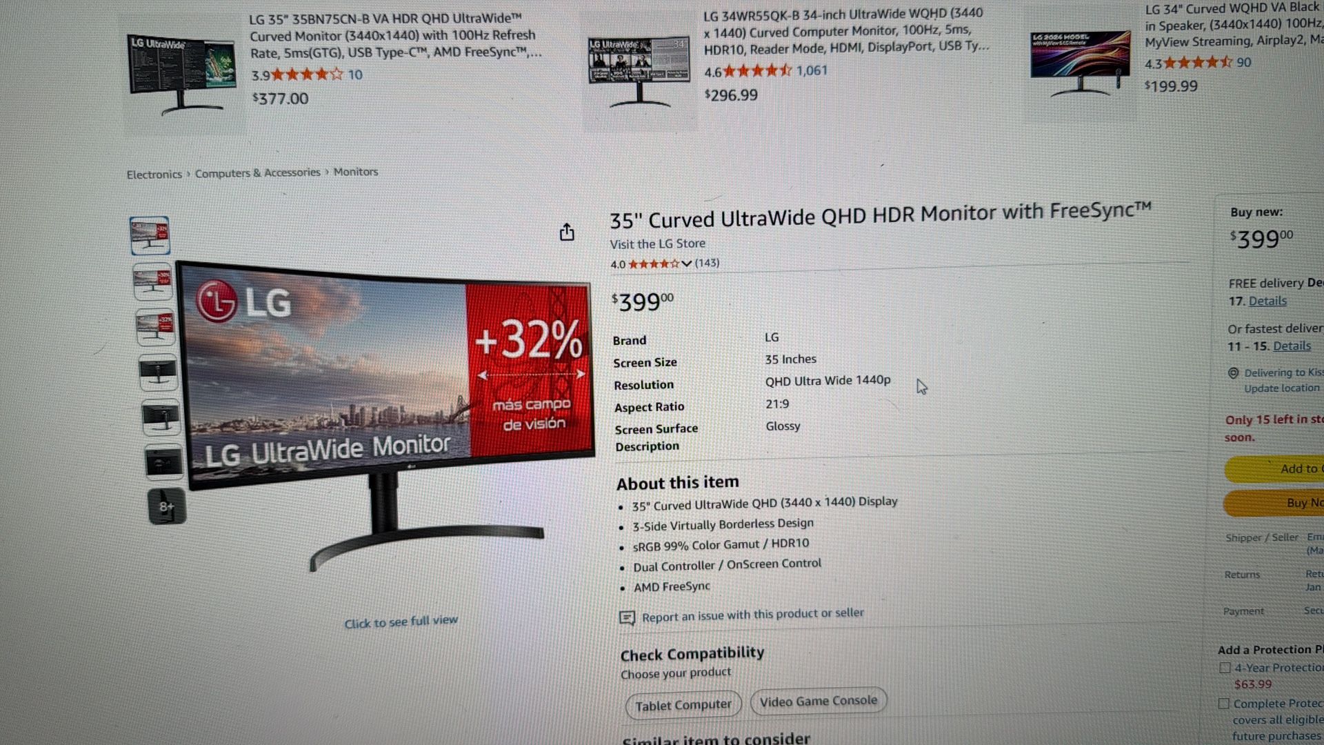 LG 35” Curved Monitor 100hz 21:9