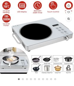 3500W Portable Single Burner Hot Plate Infrared Electric Stove with 12 Power Levels LED Display Easy-to-Clean White