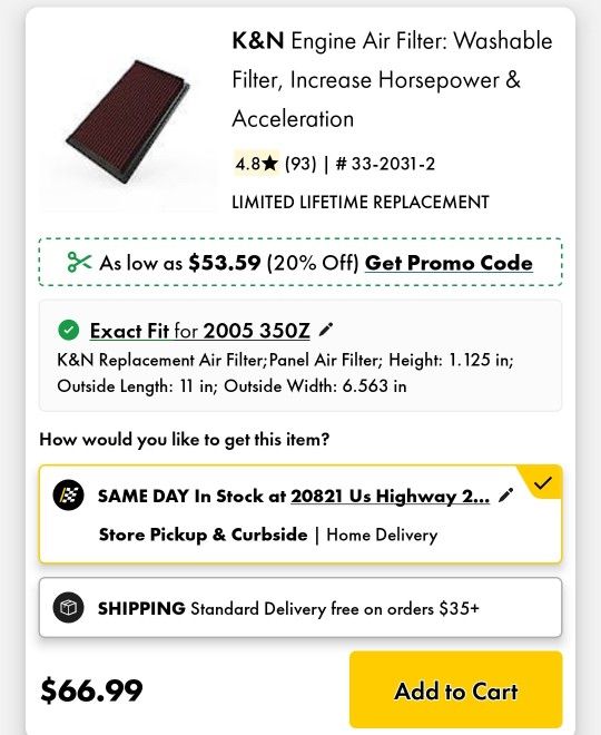 K&N original air engine filter For Nissan 350Z & Infinity G35