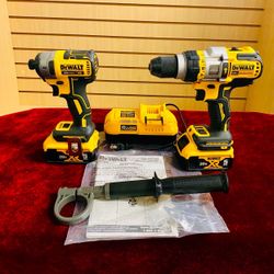 Dewalt 1/2” Hammer Drill /Drill Driver Dcd999, Brushless Cordless XR, 1/4” Cordless Impact Driver,Dcf887, 8ampFast Charger & 20volt 5AH Batteries 2& M