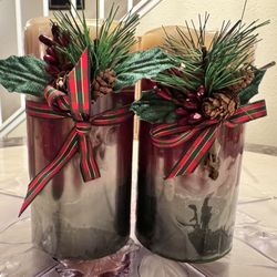 Pair Pier 1 Apple Crisp Holiday Pillar Candles 3x6 Christmas NOS Pinecone Picks