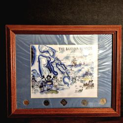 Framed Bahama Islands Map w/ Coins Nautical Caribbean Wall Art 16"x12"