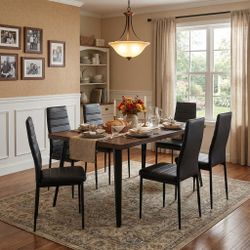 Homy Casa Stan 63" Walnut Dining Table Set with 6 Ann Upholstered Chairs, Black