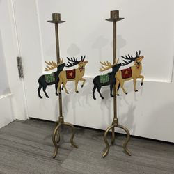 VTG  Set Of 2 Christmas Candlestick metal Candle holder Reindeer 18.5”
