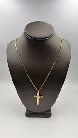 14KT YELLOW GOLD 24” BOX LINK CHAIN 7.8GR/ 14KT YELLOW GOLD NUGGET CROSS CHARM 3.0GR