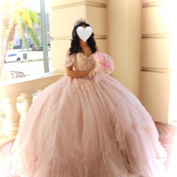 Blush Pink Quinceañera Ball Gown Glitter Dress Princess Style