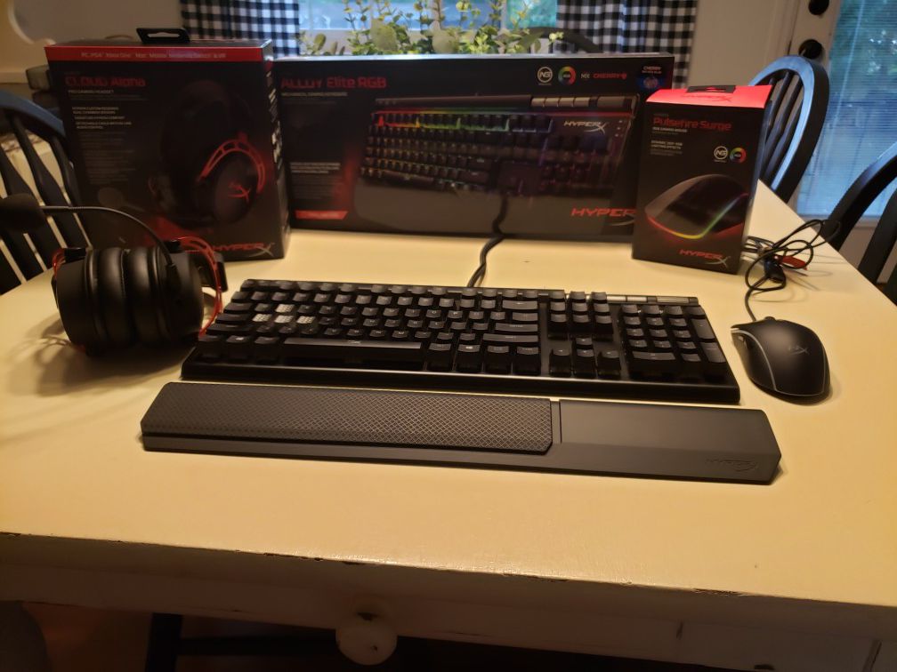 (Alloy elite rgb keyboard with cherry mx blue switches) (Cloud alpha headset) (Pulsefire surge mouse) all Hyperx brand