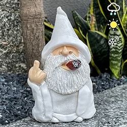 Funny Garden Gnome Statue,Middle Finger Smoking Wizard Gnome,Cool Old Man with White Beard,6.3inch Naughty Garden Sculpture Decoration