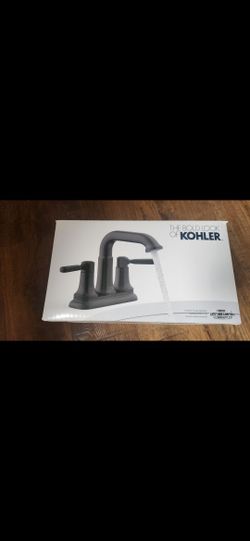 KOHLER Ealing Matte Black 4-in centerset 2-handle WaterSense Mid-arc Residential Handle Bathroom Sink Faucet with Drain