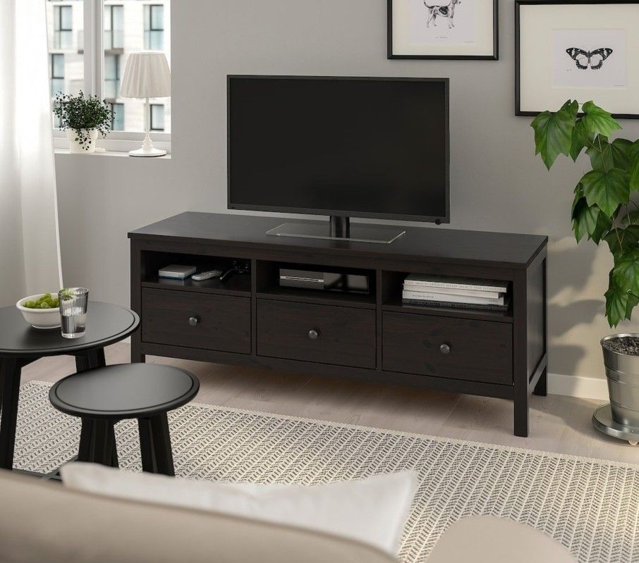 Black-Brown TV Bench with Shelves & Drawers (solid wood)