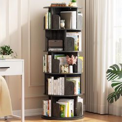 5 Tier Rotating Bookshelf, Wood Spinning Bookshelf Tower, Round Revolving 360 Bookcase, Narrow Turning Book Shelf Rolling Corner Organizer for Small S