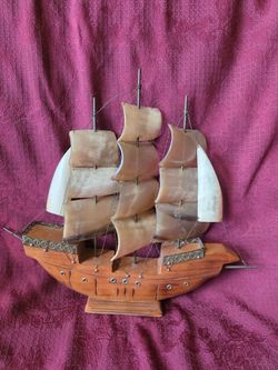 Vintage Carved Bull Horn & wooden Sailing Boat Ship Nautical Ocean