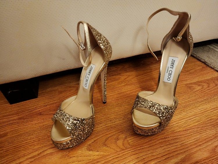 Jimmy Choo Light Gold Coarse Glitter Fabric Heels (Size: 7)
