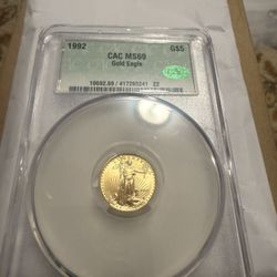 1992 $5 American Gold Eagle 1/10 Oz 0.1 Oz Gold MS69 CAC CACg *7715