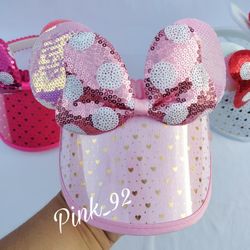 MINNIE MOUSE EARS HAT SUN VISOR CAP  HEADBAND SEQUIN POLKADOT 💕 HEARTS