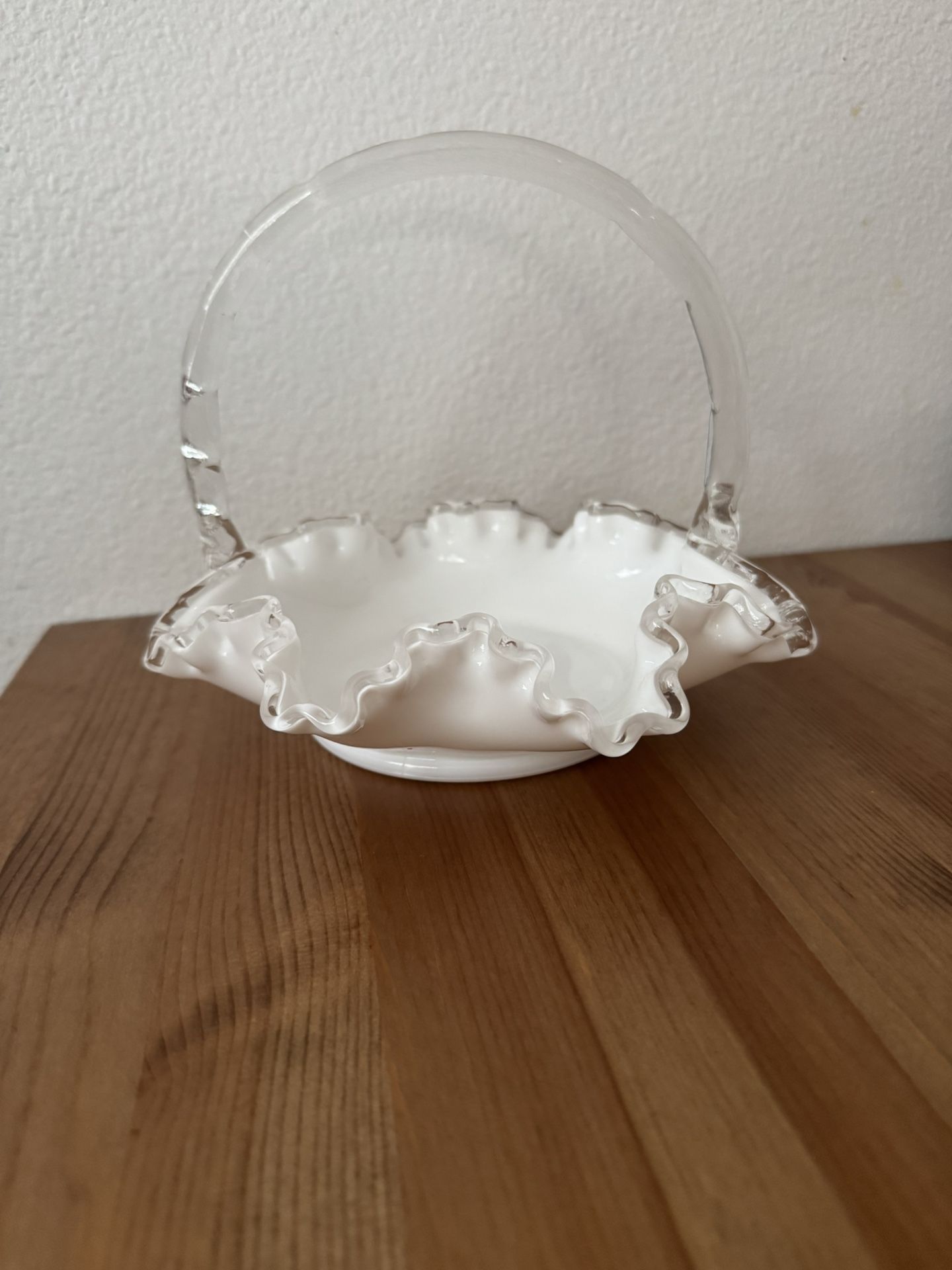 Vintage Fenton Silver Crest Milk Glass Basket Ruffled Edge Clear Glass Handle