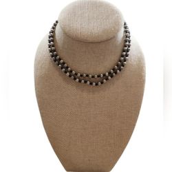 Silver Toned Black Beaded Necklace 16"