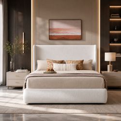 King Size Upholstered Wingback Bed Frame, 52” Tall Cushioned Headboard, Soft Edges, Low Profile Platform Bed, Sturdy Wood Slats, No Box Spring Needed,