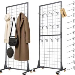 Grid Wall Panels Display Stand 2'x5.3' Ft, Display Rack with T-Base Locking Wheels Freestand