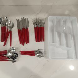 24-Piece Red Handle Flatware Set with Organizer Tray