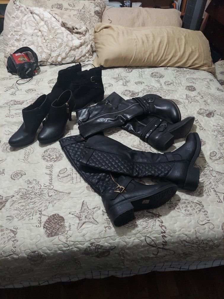 Black Ankle Boots(2) And Black Knee Boots (2)