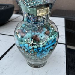Mystery Jewelry Jar Beads Bangles Brackets Necklaces Pendants Aqua And Turquoise Color Mostly