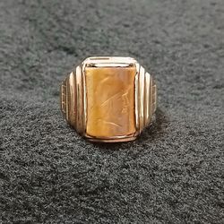 10K Solid Gold Men's Ring With Carved Stone 4.3 G Size 9.5