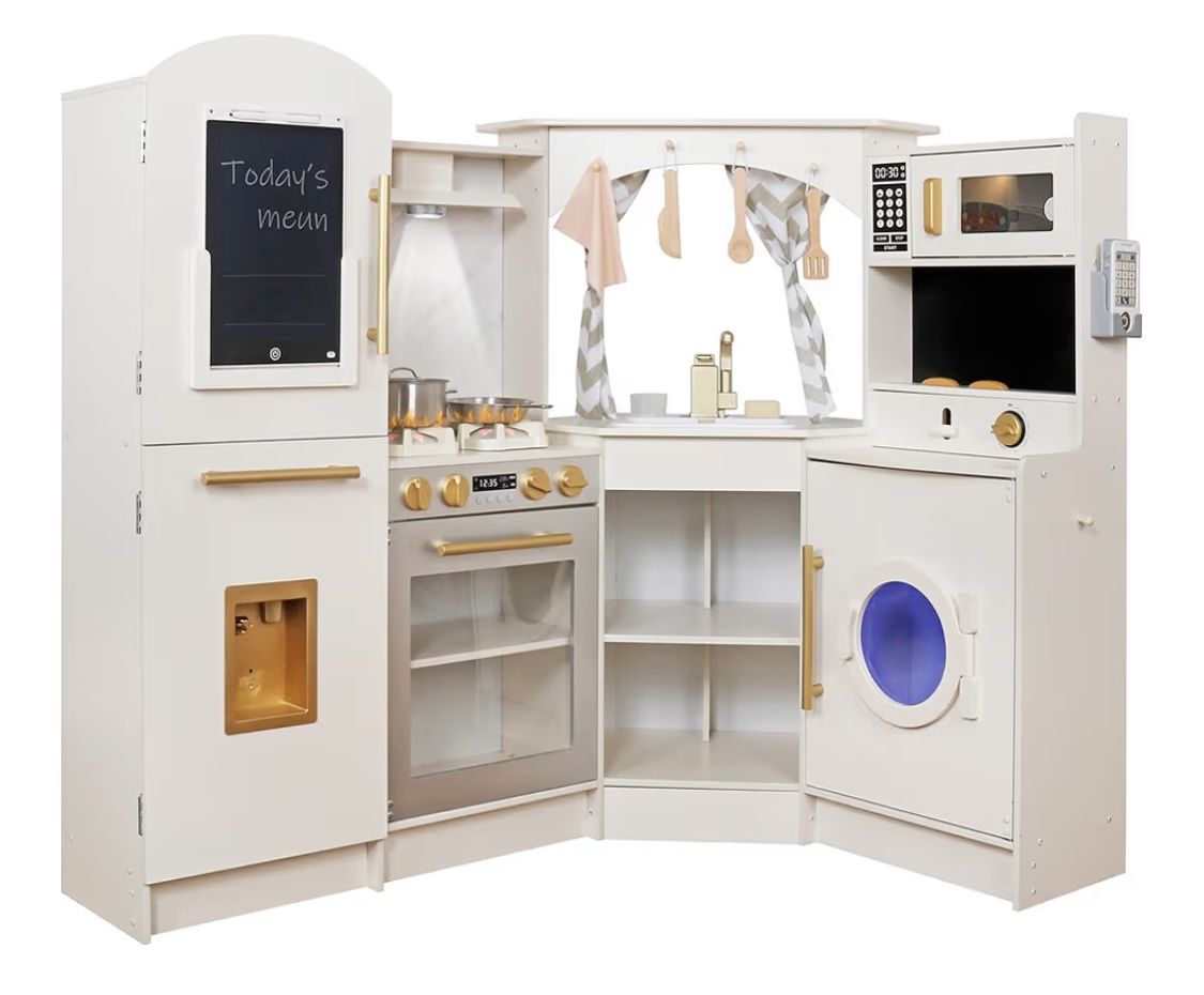 Large Wooden Corner Play Kitchen Set for Kids with Ice/Water/Bread Maker, Light & Sound Stove, Electronic Display, Washing Machine, Sink, Birthday G