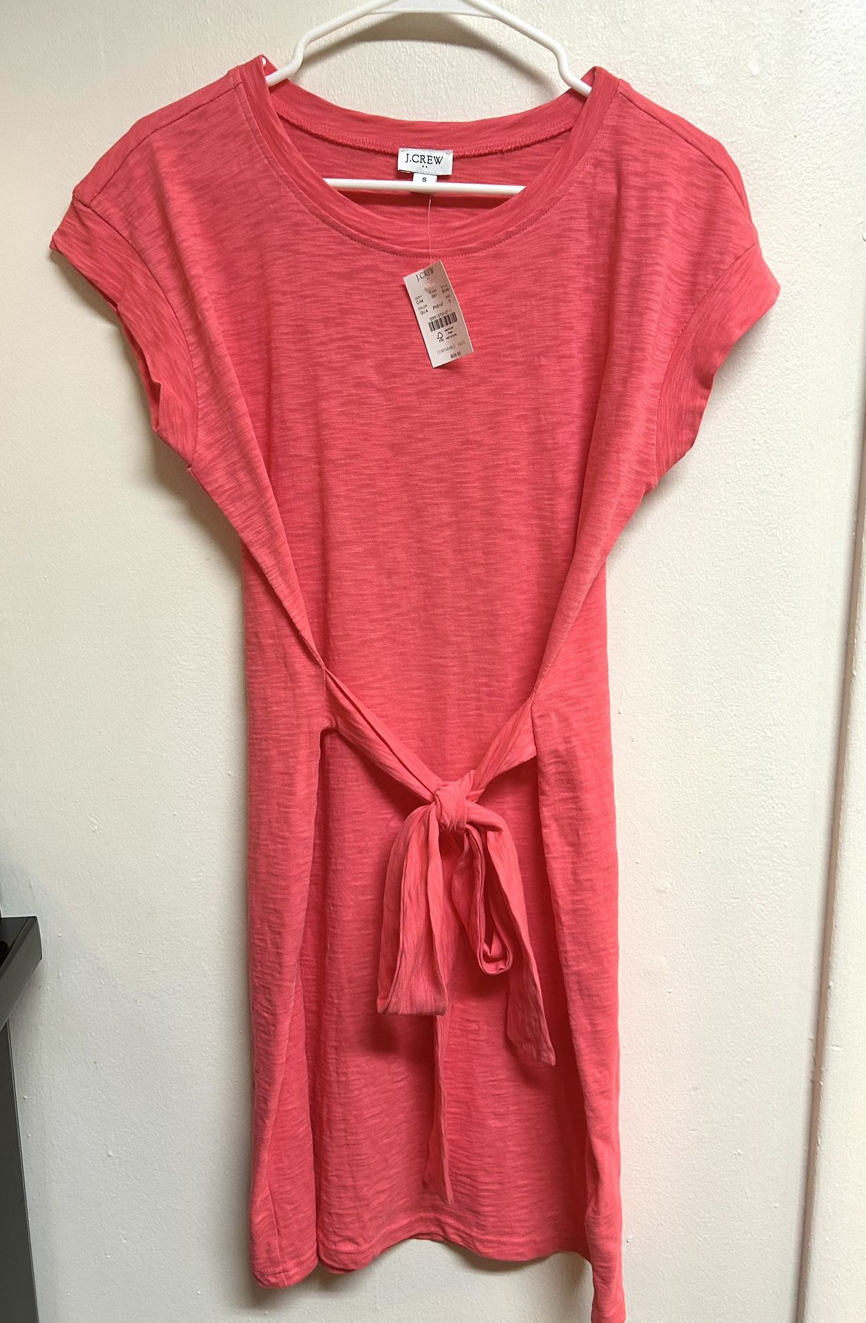 J.Crew- NWT 100% Cotton Coral Pink T-Shirt Dress Tie Front Size Small