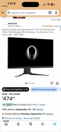 Alienware 240hz monitor AW2720HF