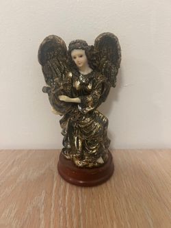 Vintage Angel Figurine with Harp on Round Base