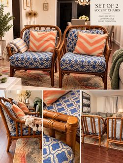 Set of 2 Rattan Accent Chairs – Blue & White Cushions – Coastal/Boho Style