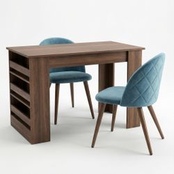 Homy Casa ELROY 3PC Dining Set Brown Table 43.3" with 2PC Velvet Cactus Dining Chairs