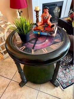 Rustic Clock Coffee Table with Glass Top, Side Table