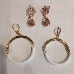 Earring lot Givenchy pink rose drop crystal + DKNY hoop loop pierced ear jewelry