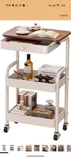 New white color 3-Tier Rolling Utility Cart with Drawers, Solid Wood Tabletop Metal Storage
