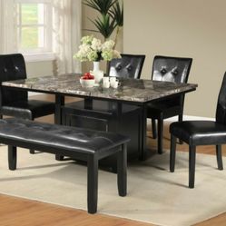 Brand New Brown Marble Top Black Finish Dining Set With Storage Base Leather Tufted Chairs & A Matching Bench 