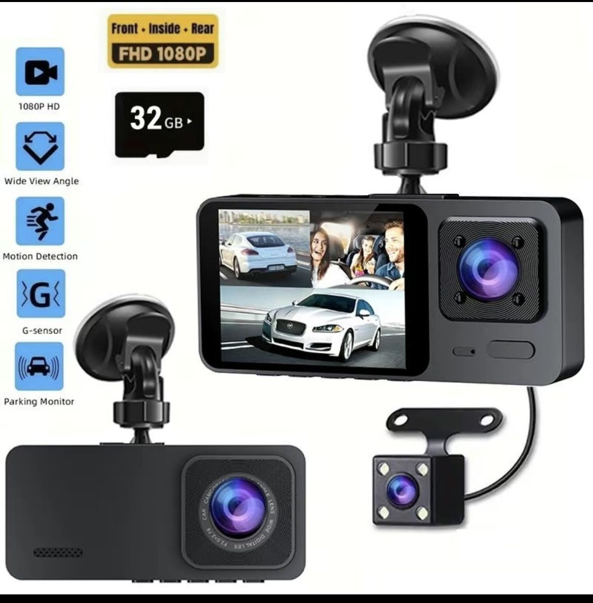 New In Box 3Channel Car DVR with 32G Card,Car Front&Rear Camera Recorder,Car Video Surveillance with 24hour Parking Mode,Seamless Loop Recording