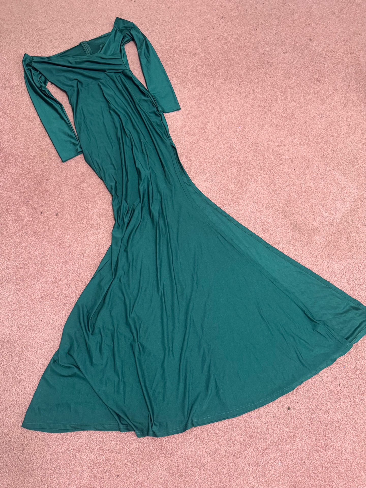 New small green long stretchy dress gown slit evening party cocktail sleeve