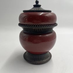 PartyLite Burgundy Ceramic Lidded Jar Candle Holder Decorative Urn