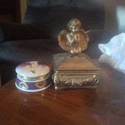 Ceramic Gold Trinket Box With Angel On Top &  Ceramic Trinket Box With Jesus On Top 