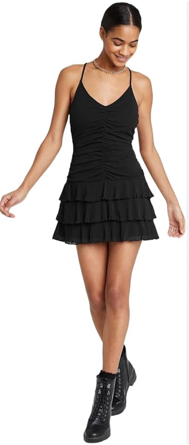 Black Ruched Tiered Mini Dress with Drop Waist from Wild Fable. Size S. Crossed back straps with lettuce hem