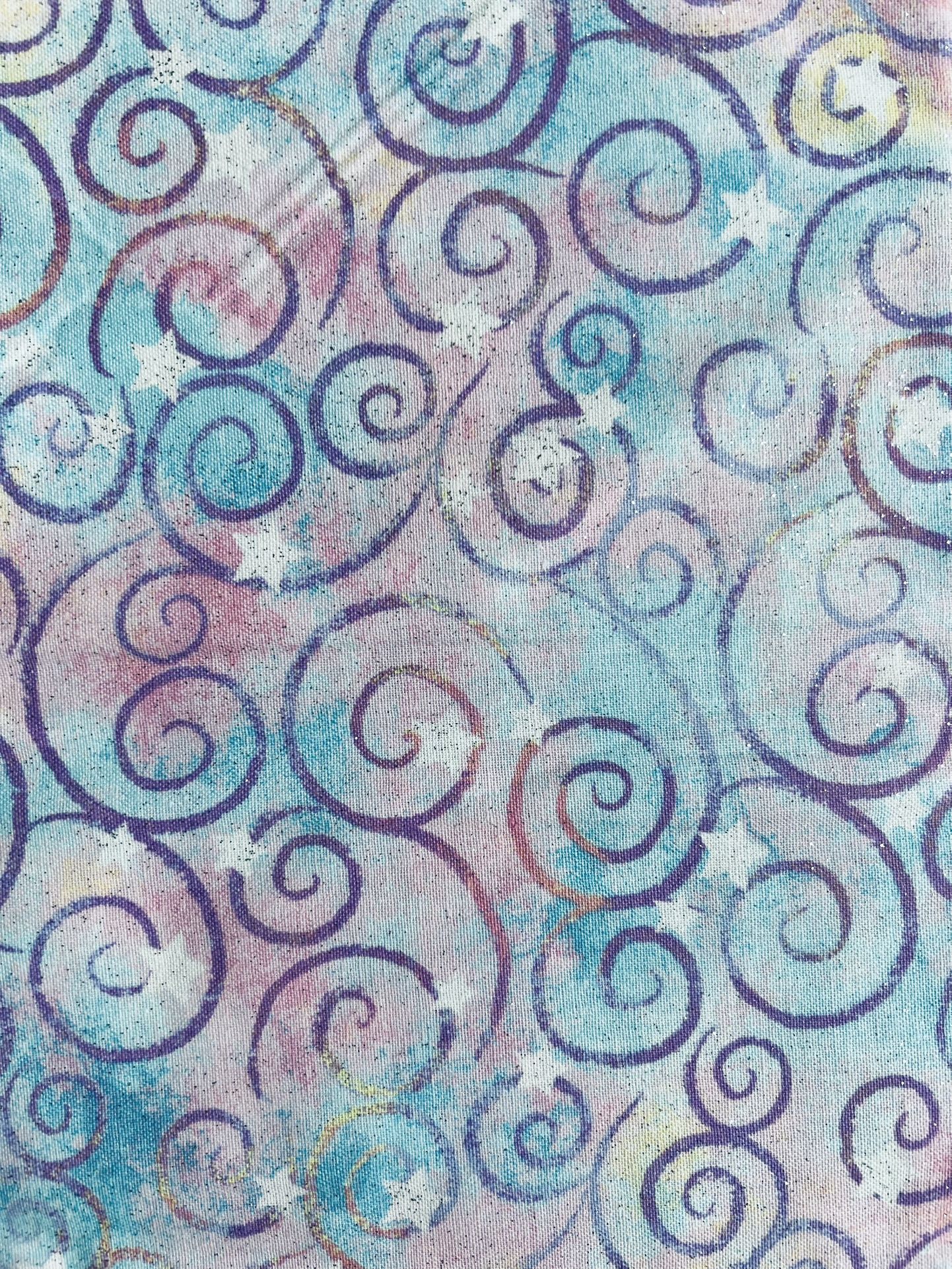 Fa-14 Keepsake calico -pink, Yellow, Aqua With Purple Swirls Fabric