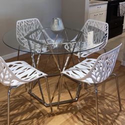 4 White Modern Stencil Dining Chairs Kitchen Chairs Silver Base
