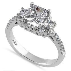 Cathedral Triple Princess Cut Halo Engagement Ring SS